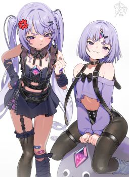 1girl 1other alternate_costume anger_vein asymmetrical_legwear bandaid bandaid_on_leg belt black_bow black_choker black_skirt blush bow chest_belt chest_jewel choker crop_top face_jewel fang forehead_protector frilled_thighhighs frills gem hand_jewel hand_on_own_hip hand_up highres hololive hololive_english jewel_under_eye koseki_bijou koseki_bijou_(casual) long_hair long_sleeves looking_at_viewer miniskirt multicolored_gem multiple_belts off-shoulder_sweater off_shoulder official_alternate_costume official_alternate_hairstyle pantyhose pebble_(koseki_bijou) personification purple_eyes purple_gem purple_hair raised_inner_eyebrows simple_background single_leg_warmer single_thighhigh skirt smile smirk smug stomach sweater tenchi_mayo thighhighs twintails very_long_hair virtual_youtuber white_background