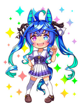 1girl ahoge animal_ears blue_eyes blue_hair blush bow bowtie breasts chibi chibi_only collarbone commentary_request crossed_bangs full_body heterochromia highres horse_ears horse_girl horse_tail long_hair looking_at_viewer multicolored_hair open_mouth pleated_skirt pointing pointing_at_self puffy_short_sleeves puffy_sleeves purple_bow purple_bowtie purple_eyes purple_shirt sailor_collar sailor_shirt school_uniform sharp_teeth shirt shoes short_sleeves sidelocks skirt small_breasts smile solo sugimotty_nova tail teeth thighhighs tracen_school_uniform twin_turbo_(umamusume) twintails umamusume white_sailor_collar white_skirt white_thighhighs zettai_ryouiki