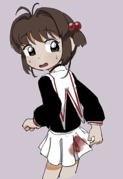 1girl blood cardcaptor_sakura dui_(duihan) kinomoto_sakura loli looking_back menstruation open_mouth school_uniform skirt surprised sweat tomoeda_elementary_school_uniform tomoeda_middle_school_uniform white_skirt