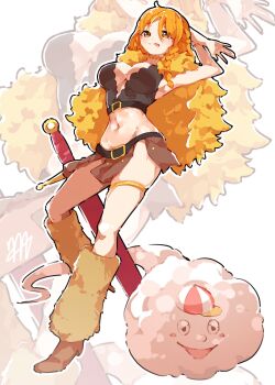 1girl arms_behind_head arms_up belt belt_buckle blush braid braided_sidelock breasts brown_eyes brown_loincloth buckle capelet cleavage closed_mouth cloud commentary crop_top english_commentary full_body fur-trimmed_capelet fur_trim groin hat highres large_breasts leg_warmers loincloth long_hair looking_at_viewer ma_draws midriff mini_hat miniskirt nami_(one_piece) navel official_alternate_costume official_alternate_hairstyle one_piece orange_hair single_sidelock skirt sword thigh_strap tongue tongue_out weapon yellow_capelet zeus_(one_piece)