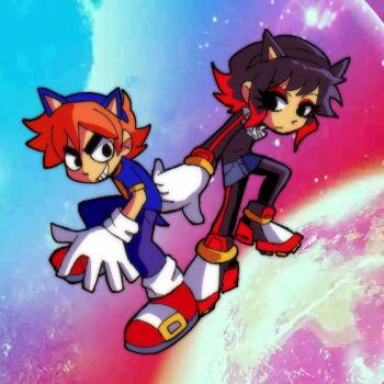 1boy 1girl commentary cosplay crossover english_commentary fur-trimmed_jacket fur_trim gloves halloween jacket parody ramona_flowers reimidy scott_pilgrim scott_pilgrim_(series) scott_pilgrim_takes_off smile sonic_(series) sonic_adventure_2 thick_eyebrows