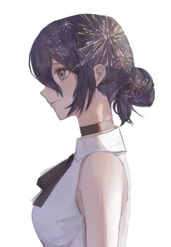 13_ttyuna 1girl black_choker black_hair black_ribbon chainsaw_man choker closed_mouth collared_shirt from_side grey_eyes hair_bun highres medium_hair neck_ribbon reze_(chainsaw_man) ribbon shirt simple_background sleeveless sleeveless_shirt solo white_background white_shirt