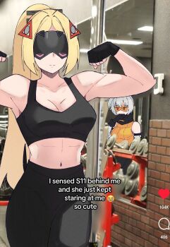 2girls black_gloves blindfold blindfold_mask blonde_hair blush breasts cleavage dailymiyanagi gloves grey_hair hair_between_eyes highres long_hair mask multiple_girls photo-referenced ponytail smile soldier_11_(zenless_zone_zero) tiktok trigger_(zenless_zone_zero) yuri zenless_zone_zero