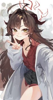 >:) 1girl ahoge apopo black_shorts blue_archive blush breasts brown_hair cleavage closed_mouth coat collared_shirt commentary_request cowboy_shot eyelashes fang foreshortening grey_background hair_between_eyes hair_intakes halo hand_up highres huge_ahoge kasumi_(blue_archive) korean_commentary lab_coat long_hair long_sleeves looking_at_viewer open_clothes open_coat outstretched_arm red_halo red_shirt selfie shirt shorts sidelocks simple_background skin_fang small_breasts smile solo split_mouth tsurime v v-shaped_eyebrows very_long_hair wide_sleeves yellow_eyes