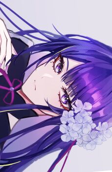 1girl absurdres blue_pupils blunt_bangs blurry bridal_gauntlets closed_mouth clothing_cutout commentary depth_of_field eyeliner flower genshin_impact genshin_kakino hair_flower hair_ornament hand_up highres long_hair looking_at_viewer makeup mole mole_under_eye multicolored_eyes neck_ribbon off_shoulder purple_background purple_eyes purple_flower purple_hair purple_nails raiden_shogun red_eyeliner red_ribbon ribbon shoulder_cutout simple_background solo unfinished upper_body