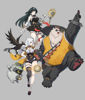 1boy 2girls 2others animal_ears arm_up armband astra_yao astra_yao_(chandelier) asymmetrical_gloves bangboo_(zenless_zone_zero) bare_shoulders bear_boy belion_(zenless_zone_zero) belly bird black_bird black_bow black_dress black_fur black_hair black_pants black_unitard bow bracelet chinese_clothes claws dress earrings elbow_gloves fat fat_man fingerless_gloves furry furry_male gloves grey_background grey_hair hair_ornament hairpin hat high-waist_shorts highres jacket jewelry kinokare long_hair microphone multicolored_fur multiple_girls multiple_others necklace open_mouth orb pan_yinhu panda panda_boy panda_ears panda_tail pants pawpads pearl_necklace red_eyes round_eyewear shorts single_elbow_glove single_hair_intake single_thighhigh spiked_bracelet spikes standing standing_on_one_leg thigh_strap thighhighs uneven_gloves white_fur white_sleeves wok yellow_jacket yin_yang_pin yixuan_(zenless_zone_zero) zenless_zone_zero