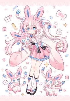 Rule 34 | !, 1girl, :d, animal ears, artist name, black sandals, blue eyes, bow, closed mouth, commentary, creature and personification, frilled skirt, frills, full body, gen 6 pokemon, hair between eyes, hair bow, highres, japanese clothes, kimono, long hair, long sleeves, looking at viewer, multicolored hair, nintendo, okobo, open mouth, outline, personification, pink bow, pink hair, pink outline, pink skirt, platform sandals, pleated skirt, pokemon, pokemon (creature), sandals, skirt, smile, socks, sparkle, standing, sylveon, symbol-only commentary, tabi, twintails, two-tone hair, white background, white hair, white kimono, white socks, wide sleeves, yukomeow