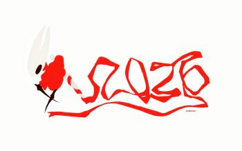 Rule 34 | 1girl, 2026, absurdres, arthropod girl, artist name, cloak, commentary, full body, highres, hightguy, holding, holding weapon, hollow eyes, hollow knight, hollow knight: silksong, horned mask, hornet (hollow knight), leaning forward, limited palette, looking ahead, mask, needle (hollow knight), no mouth, red cloak, simple background, solo, standing, standing on one leg, symbol-only commentary, weapon, white background, white mask