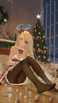 1girl aash4i absurdres asuna_(blue_archive) asymmetrical_bangs black_pantyhose blonde_hair blue_archive blue_eyes blue_halo bow bowtie breasts candle christmas christmas_ornaments christmas_tree collar commentary detached_collar english_commentary feet gloves grin hair_bow hair_over_one_eye halo hand_up highres holding holding_ornament indoors living_room long_bangs long_hair looking_at_viewer miniskirt night no_shoes on_floor one_eye_covered pantyhose red_bow red_bowtie red_shirt red_skirt shirt sitting skirt smile solo strapless strapless_shirt toes very_long_hair white_collar white_gloves window wing_collar wooden_floor