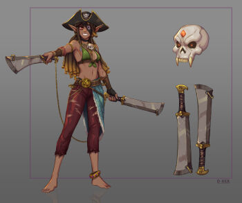 1girl anklet bare_shoulders barefoot belt black_gloves blonde_hair breasts brown_belt brown_hair brown_pants commentary d-rex dark-skinned_female dark_skin english_commentary eyepatch fingerless_gloves full_body gloves grin hat highres holding holding_sword holding_weapon jewelry long_hair medium_breasts navel notched_ear original pants pirate_costume pirate_hat pointy_ears single_glove skull smile stomach sword teeth torn_clothes torn_pants weapon