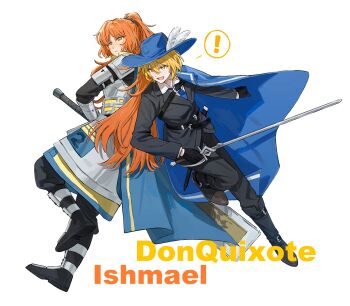 Rule 34 | !, 2girls, :d, armor, armored dress, belt, black belt, black boots, black gloves, black jacket, black pants, black shirt, blonde hair, blue cape, blue hat, blue necktie, boots, cape, cavalier hat, character name, cinq association south uniform, collared shirt, don quixote (project moon), dress, freckles, full body, gloves, hashtag-only commentary, hat, highres, holding, holding sword, holding weapon, ishmael (project moon), jacket, limbus company, long hair, long sleeves, looking to the side, multiple girls, necktie, open mouth, orange eyes, orange hair, pants, pauldrons, plume, ponytail, project moon, rapier, serious, shirt, short hair, shoulder armor, shoulder belt, side cape, simple background, smile, speech bubble, spoken exclamation mark, standing, standing on one leg, sword, uzr akira, very long hair, weapon, white background, yellow eyes, zwei association west uniform