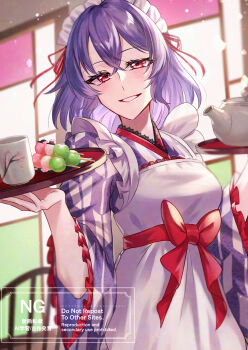 Rule 34 | 1girl, absurdres, apron, cherry blossom print, commentary request, cup, dango, floral print, food, grin, highres, holding, holding tray, japanese clothes, kimono, looking at viewer, maid, maid apron, maid headdress, nagae iku, nano popo02, purple hair, purple kimono, red eyes, red sash, sash, short hair, smile, solo, teacup, teapot, touhou, tray, wa maid, wagashi, white apron