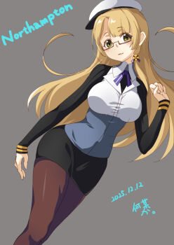 1girl artist_name black_skirt blonde_hair brown_pantyhose character_name commentary_request dated feet_out_of_frame glasses green_eyes grey_background hat kantai_collection kochipu long_hair military_uniform northampton_(kancolle) northampton_kai_(kancolle) one-hour_drawing_challenge pantyhose peaked_cap pencil_skirt shirt simple_background skirt solo white_hat white_shirt