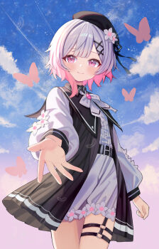 1girl beret black_dress black_hat bug butterfly cloud cloudy_sky commentary dress flower flower_ornament from_below gradient_hair hair_ornament hat hat_flower highres insect light_smile looking_at_viewer mahou_shoujo_no_majo_saiban multicolored_hair o-ring o-ring_thigh_strap offering_hand outstretched_hand pink_butterfly pink_eyes sakuraba_ema shirt short_hair sky solo symbol-only_commentary thigh_strap white_flower white_hair white_shirt x_hair_ornament yatani_row