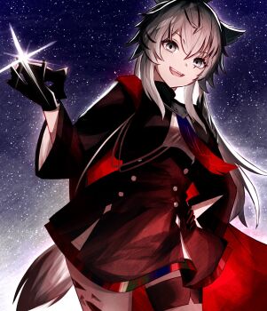 1girl :d animal_ears arknights black_gloves commentary commentary_request cowboy_shot english_commentary gloves grey_eyes grey_hair grey_tail hair_between_eyes highres lappland_(arknights) lappland_the_decadenza_(arknights) long_hair long_sleeves looking_at_viewer material_growth mixed-language_commentary open_mouth oripathy_lesion_(arknights) sky smile solo standing star_(sky) starry_sky tail wolf_ears wolf_girl wolf_tail yoi_(a27963244)