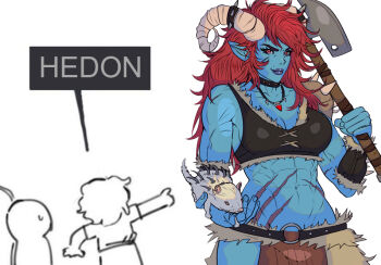 Rule 34 | 1girl, 3others, abs, animal, animal on hand, arm warmers, armor, axe, barbarian, bare shoulders, battle axe, belt, black arm warmers, black belt, black choker, black tank top, blue skin, breasts, choker, cleavage, closed mouth, collarbone, colored skin, commentary, commission, commissioner upload, copyright name, cowboy shot, crystal necklace, demon girl, english commentary, facial scar, female orc, fur-trimmed arm warmers, fur-trimmed crop top, fur trim, hedon bloodrite, holding, holding axe, light blush, lips, long hair, looking to the side, medium breasts, meme, midriff, mole, mole above mouth, multiple others, multiple scars, muscular, muscular female, navel, nose, not what i'm called (meme), o-ring, o-ring belt, orc, over shoulder, pelvic curtain, pointy ears, purple lips, red eyes, red hair, scar, scar on cheek, scar on face, scar on shoulder, scar on stomach, second-party source, shoulder armor, simple background, solo focus, speech bubble, spiked armor, spiked choker, spikes, tank top, weapon, weapon over shoulder, white background, yoracrab, zan (hedon)