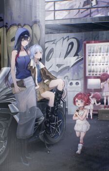 5girls absurdres alternate_costume bare_shoulders black_boots black_hair black_thighhighs blue_eyes blue_hair boots cerydra_(honkai:_star_rail) closed_mouth commentary_request full_body grey_hair highres hitohachan honkai:_star_rail honkai_(series) hysilens_(honkai:_star_rail) long_hair looking_at_viewer motor_vehicle motorcycle multicolored_hair multiple_girls pointy_ears red_hair see-through_clothes short_hair sitting sleeveless standing thighhighs trianne_(honkai:_star_rail) tribbie_(honkai:_star_rail) trinnon_(honkai:_star_rail) very_long_hair