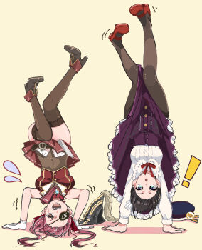 ! 2024 2girls absurdres black_hair black_pantyhose blue_eyes bow bowtie breasts brown_thighhighs coat coat_lift dress eye_mask gloves gymnastics hair_ribbon half_eye_mask handstand hat heterochromia highres hololive houshou_marine jacket jewelry long_hair looking_at_viewer mask medium_breasts multiple_girls oozora_subaru open_mouth pantyhose panyatteria purple_coat red_bow red_bowtie red_eyes red_hair ribbon short_hair simple_background skirt skirt_flip teeth thighhighs twintails upper_teeth_only upside-down virtual_youtuber white_gloves