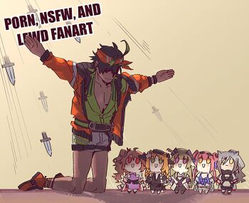 Rule 34 | 1boy, 5girls, :d, ahoge, arknights, black hair, bryophyta (arknights), ceylon (arknights), ceylon (holiday) (arknights), character request, chibi, dark-skinned male, dark skin, dyed ahoge, eyjafjalla (arknights), eyjafjalla the hvit aska (arknights), hair over eyes, headband, highres, jacket, kneeling, multiple girls, open mouth, parody request, pectoral cleavage, pectorals, poncirus (arknights), protecting, prouxtato, schwarz (arknights), shielding another from rain, short hair, shorts, smile, solid oval eyes, swire (arknights), swire the elegant wit (arknights)