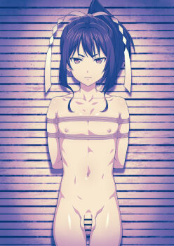1boy arms_behind_back bdsm bondage bound completely_nude highres houjou_tokiyuki_(nige_jouzu_no_wakagimi) male_focus mugshot nige_jouzu_no_wakagimi nude penis ponytail prison prisoner restrained shibari teba_motoko yaoi zenra