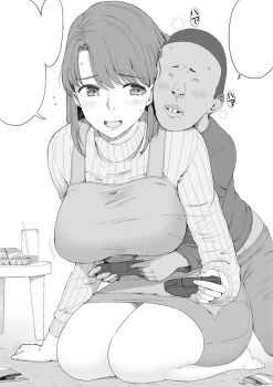 1boy 1girl age_difference apron blush breasts chikan controller dark-skinned_male dark_skin embarrassed forced_smile from_behind game_controller groping holding holding_controller hug kneeling large_breasts mature_female mesugaki molestation monochrome nervous nervous_smile nervous_sweating non-web_source original osugaki pencil_skirt playing_games shaved_head skirt smile sweat sweatdrop sweater taito0630 ugly_bastard uncomfortable