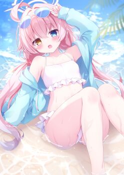 1girl adjusting_eyewear ahoge arm_up bikini blue-tinted_eyewear blue_archive blue_eyes blue_jacket blush breasts collarbone commentary_request eyewear_on_head fang feet_out_of_frame fingernails flat_chest frilled_bikini frills hair_between_eyes hair_intakes halo hand_up heterochromia highres hoshino_(blue_archive) hoshino_(swimsuit)_(blue_archive) huge_ahoge jacket knees_together_feet_apart loli long_hair long_sleeves looking_at_viewer low_twintails nekoboshi_yuki off_shoulder official_alternate_costume on_ground open_clothes open_jacket open_mouth pink_hair pink_halo sitting sitting_on_water small_breasts solo sunglasses sunglasses_on_head swimsuit tinted_eyewear twintails very_long_hair water wet white-framed_eyewear white_bikini yellow_eyes