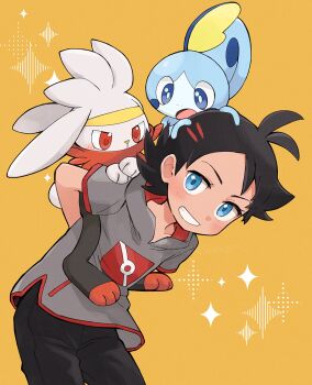 1boy antenna_hair arms_behind_back black_hair black_pants blue_eyes commentary gen_8_pokemon goh_(pokemon) grey_shirt grin highres looking_at_viewer male_focus nintendo pants pokemon pokemon_(anime) pokemon_(creature) pokemon_journeys pokemon_on_back pokesumomo raboot shirt short_sleeves smile sobble sparkle symbol-only_commentary teeth yellow_background