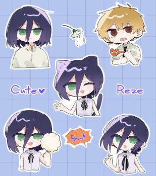 1boy 1girl amu_ki07 animal_ears bare_shoulders black_choker black_necktie black_ribbon blonde_hair blood blood_on_clothes blue_background blue_hair blush cat_ears cat_girl cat_tail chainsaw_man character_name chibi chibi_only choker closed_mouth collared_shirt cotton_candy cropped_torso denji_(chainsaw_man) falling_petals flower food green_eyes grenade_pin grid_background hair_between_eyes hair_bun heartbeat highres holding holding_cotton_candy holding_food kemonomimi_mode medium_hair multiple_views neck_ribbon necktie one_eye_closed open_mouth parted_lips petals pochita_(chainsaw_man) red_eyes reze_(chainsaw_man) ribbon shared_clothes sharp_teeth shirt short_hair sleeveless sleeveless_shirt sleeves_rolled_up smile sweatdrop tail teeth updo upper_body waving white_flower white_petals white_shirt