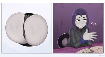 1girl artist_name ass ass_focus bergoq black_eyes black_leotard breasts colored_skin commentary dc_comics english_commentary facial_mark forehead_mark glory_wall goth_fashion grey_skin highres huge_ass large_breasts leotard medium_hair musical_note night_raven_college_school_uniform purple_hair raven_(dc) school_uniform sr_pelo_(character) sweat teen_titans through_wall