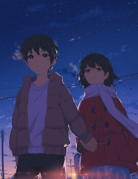 1boy 1girl absurdres arttsam black_hair black_pants boku_dake_ga_inai_machi breath brown_coat coat fujinuma_satoru hair_between_eyes highres hinazuki_kayo holding_hands long_sleeves looking_at_another outdoors pants power_lines red_coat scarf shirt short_hair sky star_(sky) starry_sky sunset utility_pole white_scarf white_shirt