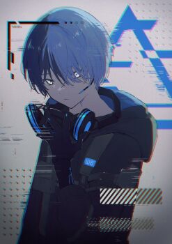 1boy aoyagi_touya blue_hair close_game/offline_(project_sekai) closed_mouth commentary_request dark_blue_hair glowing glowing_eyes grey_eyes headset highres hood hood_down image_sample jishio long_sleeves looking_at_viewer male_focus mask unworn_mask mole mole_under_eye multicolored_hair official_alternate_costume official_alternate_hairstyle project_sekai short_hair solo split-color_hair twitter_sample two-tone_hair upper_body