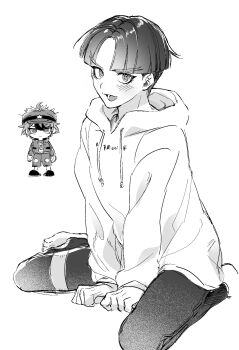 2boys ahoge arms_between_legs barefoot blush closed_mouth commentary_request cosplay costume_switch drawstring expressionless greyscale guco_(gco_h) hair_through_headwear hat hat_ornament highres hood hood_down hoodie jacket jitome long_sleeves male_focus maruko_gaku maruko_gaku_(cosplay) monochrome multicolored_hair multiple_boys open_clothes open_jacket open_mouth pants parted_bangs sanpaku shirt short_hair shorts simple_background sitting smile star_(symbol) star_hat_ornament streaked_hair sumino_takumi sumino_takumi_(cosplay) the_hundred_line_-last_defense_academy- thigh_strap two-tone_hair wariza white_background