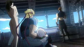 2boys 2girls ass back bandana bathtub blonde_hair brown_hair caesar_anthonio_zeppeli clothed_male_nude_female from_behind highres jojo_no_kimyou_na_bouken joseph_joestar joseph_joestar_(young) lisa_lisa multiple_boys multiple_girls nude screencap suzi_q tagme towel