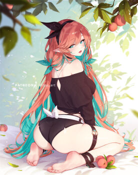 1girl aqua_eyes aqua_hair aqua_ribbon ass barefoot black_hairband black_ribbon black_shorts black_sweater blush bow_hairband branch breasts colored_inner_hair feet food fruit hair_ribbon hairband legs long_hair looking_at_viewer mitsu_(mitsu_art) mole mole_under_eye multicolored_hair off-shoulder_sweater off_shoulder open_mouth orange_hair original panty_straps patreon_username peach pointy_ears ribbon seiza short_shorts shorts sitting smile soles solo sweater thigh_strap toes tree two-tone_hair very_long_hair