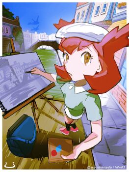 1girl alto_mare bag bianca_(pokemon_heroes) black_socks blue_bag blue_sky breasts brown_eyes brown_hair building canal day dock easel gen_3_pokemon green_shirt hat highres holding in-universe_location latias latios legendary_pokemon looking_at_viewer mayotsunamayo miniskirt nintendo open_mouth outdoors painting_(action) pink_shoes pokemon pokemon_(anime) pokemon_(classic_anime) pokemon_(creature) pokemon_heroes:_latios_&amp;_latias shirt shoes short_hair short_sleeves silhouette sketchbook skirt sky socks standing water white_skirt