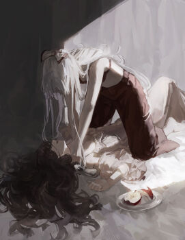 2girls absurdres alternate_costume apple apple_rabbit bare_arms bare_shoulders black_hair bow bra commentary food food_art fruit fujiwara_no_mokou girl_on_top hair_bow highres houraisan_kaguya indoors long_hair lying multiple_girls nightgown no_shirt on_back on_bed open_mouth pants plate sawararado smile spaghetti_strap strangling touhou two-tone_bow underwear very_long_hair white_hair white_nightgown