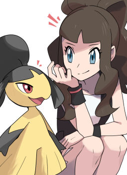 1girl black_vest blue_eyes brown_hair closed_mouth collarbone commentary_request eyelashes gen_3_pokemon hand_up head_rest highres hilda_(pokemon) himurohiromu knees long_hair mawile nintendo notice_lines open_clothes open_vest pokemon pokemon_(creature) pokemon_bw shirt sidelocks simple_background smile split_mouth squatting vest white_background white_shirt wristband