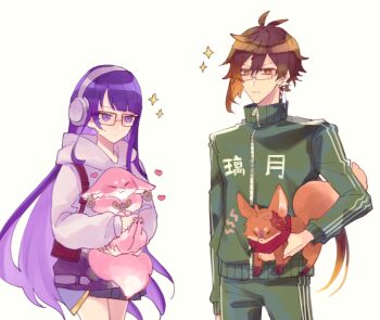 1boy 1girl alternate_hairstyle animal_ears animalization antenna_hair blunt_bangs brown_eyes brown_hair carrying closed_mouth commentary_request contemporary couple earrings formal_clothes fox fox_boy fox_girl bad_tag genshin_impact glasses gradient_hair green_jacket green_pants green_track_suit hair_between_eyes hair_down headphones heart holding hood hood_down hoodie implied_yaoi implied_yuri jacket jewelry long_hair long_sleeves looking_at_animal looking_at_viewer looking_down looking_to_the_side low_ponytail mask mask_on_head multicolored_hair noir39 official_alternate_costume orange_fur pants pendant person_and_animalization pink_fur ponytail purple_eyes purple_hair purple_hoodie raiden_shogun raiden_shogun_(2nd_anniversary) red_mask red_scarf scarf shade simple_background skirt sparkle standing suit tail tartaglia_(genshin_impact) thighs track_suit upper_body white_background yae_miko yae_miko_(fox) zhongli_(genshin_impact)