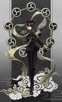 1boy absurdres aiguillette axis_powers_hetalia black_background black_hair black_hat black_jacket black_pants black_shoes border brown_eyes buttons checkered_background cloud egasumi epaulettes floral_print full_body gloves grey_border hair_between_eyes hands_up hat highres honeycomb_(pattern) jacket japan_(hetalia) lips looking_at_viewer male_focus military military_hat military_jacket military_uniform mitsudomoe_(shape) npyon outside_border pants peaked_cap scarf seigaiha shoes short_hair smile solo standing teeth tomoe_(symbol) white_gloves yellow_scarf