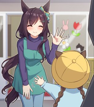 Rule 34 | 1other, 2girls, aged up, animal ears, apron, black hair, blush, bow, braid, closed eyes, closed mouth, commentary request, ear bow, ear ornament, ears through headwear, green apron, grey pants, hat, highres, horse ears, horse girl, horse tail, jewelry, kindergarten teacher, kindergarten uniform, long hair, low twin braids, low twintails, mejiro dober (umamusume), multiple girls, pants, purple shirt, ring, shirt, smile, tail, takiki, twin braids, twintails, umamusume, very long hair, waving, yellow hat