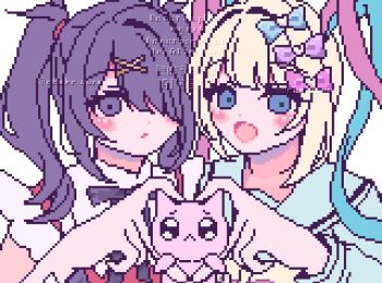 2girls :d ame-chan_(needy_girl_overdose) black_eyes black_hair blonde_hair blue_eyes blue_hair blue_sailor_collar bow chest_bow chouzetsusaikawa_tenshi-chan diagonal_bangs dual_persona hair_bow hair_ornament hair_over_one_eye heart heart_hands heart_hands_duo highres long_sidelocks looking_at_viewer multiple_girls multiple_hair_bows neck_ribbon needy_girl_overdose obake_yura open_mouth pien_cat_(needy_girl_overdose) pink_hair pixel_art quad_tails red_shirt ribbon sailor_collar shirt short_twintails sidelocks smile suspenders twintails upper_body winged_sleeves x_hair_ornament