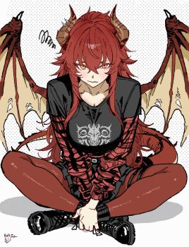 1girl black_boots black_shirt black_tank_top boots breasts brown_horns closed_mouth dragon_girl dragon_horns dragon_tail dragon_wings hair_over_shoulder highres holding_own_leg horns indian_style indie_virtual_youtuber large_breasts light_frown long_hair looking_at_viewer orange_eyes pantyhose plaid_clothes plaid_shirt red_hair red_pantyhose red_shirt shelovesbali shirt sidelocks signature sitting skirt solo squiggle tail tank_top virtual_youtuber white_background wings zentreya zentreya_(dragon) zentreya_(dragon)_(metalheads)