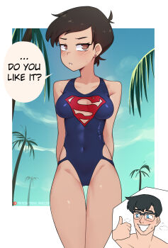 1boy 1girl absurdres blue_one-piece_swimsuit blush border breasts brown_eyes brown_hair clark_kent collarbone commentary covered_navel dc_comics earrings english_commentary english_text glasses grin highres jewelry lois_lane looking_at_viewer medium_breasts my_adventures_with_superman one-piece_swimsuit outdoors outside_border paid_reward_available parted_lips patreon_username short_hair smile speech_bubble stud_earrings superman superman_(series) superman_logo sweatdrop swimsuit thumbs_up tobias_wheller tomboy white_border