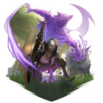 1boy absurdres arm_support bone_necklace coat commentary electricity electrokinesis facial_scar genshin_impact gloves grass green_pants grey_hair highres holding holding_sword holding_weapon hood hood_up looking_at_viewer lurtt male_focus navel on_one_knee orange_gloves outdoors pants planted planted_sword planted_weapon prototype_archaic_(genshin_impact) razor_(genshin_impact) rock scar scar_on_arm scar_on_cheek scar_on_face sleeveless sleeveless_coat squatting sword tree weapon wolf wolfhook_(genshin_impact)