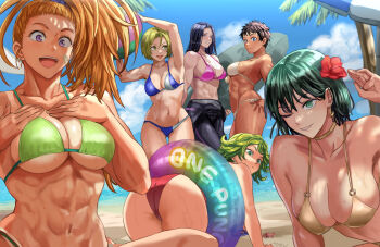 6+girls abs all_fours arms_up asami_(one-punch_man) ass ball bandage_on_face bandages bare_shoulders beach beachball bikini black_hair blonde_hair blue_bikini blue_eyes blue_sky bodysuit breasts brown_hair captain_mizuki character_request cleavage cloud cloudy_sky daraz diving_suit earrings flower fubuki_(one-punch_man) gold_bikini gold_choker green_bikini green_eyes green_hair hair_flower hair_ornament hands_on_own_chest high_ponytail highres innertube jewelry large_breasts long_hair looking_at_viewer multiple_girls muscular muscular_female navel noria_(one-punch_man) one-punch_man open_mouth orange_hair outdoors palm_tree pink_bikini ponytail purple_eyes red_bikini sand short_hair skin_tight sky suiko_(one-punch_man) swim_ring swimsuit tatsumaki toned tree umbrella undressing water wetsuit yellow_eyes