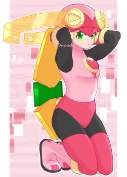 0xced3 1girl black_bodysuit blonde_hair bodysuit full_body green_eyes helmet highres leotard long_hair mega_man_(series) mega_man_battle_network_(series) netnavi pink_helmet pink_leotard roll.exe_(mega_man) solo twitter_username