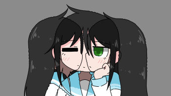 Rule 34 | 1girl, absurdres, black hair, blue sailor collar, commentary request, double exposure, emesan desu, from side, green eyes, grey background, hand up, head rest, highres, long hair, looking at viewer, multiple views, one eye closed, original, profile, redrawn, sailor collar, school uniform, serafuku, simple background