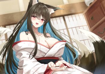 Rule 34 | 1girl, absurdres, animal ears, bare shoulders, black hair, blue hair, blush, breasts, chest of drawers, cleavage, colored inner hair, fox ears, fox girl, fox tail, hair between eyes, highres, holding, igayan, indoors, large breasts, leotard, long hair, looking at viewer, multicolored hair, multiple tails, obi, open mouth, original, red eyes, sash, shouji, sidelocks, sliding doors, smile, solo, tail, two-tone hair, white leotard, wide sleeves