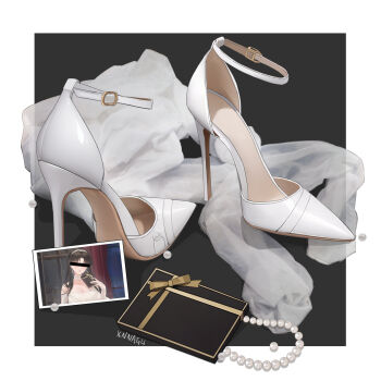 Rule 34 | 1girl, artist name, bar censor, black background, border, box, breasts, cellphone, censored, censored identity, cleavage, dress, gem, gift, gift box, hairband, high heels, highres, jewelry, large breasts, long hair, necklace, no humans, outside border, pantyhose, pearl necklace, phone, photo (object), ring, shoes, simple background, stiletto heels, white border, white dress, white footwear, white hairband, xnnagu