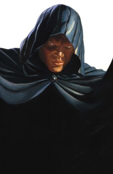 1boy absurdres alex_ross black_cloak brown_eyes cloak cloak_(marvel) comic_cover cover cover_page dark-skinned_male dark_skin highres hood hood_up looking_at_viewer male_focus marvel official_art solo striped_cloak upper_body western_comics_(style) white_background
